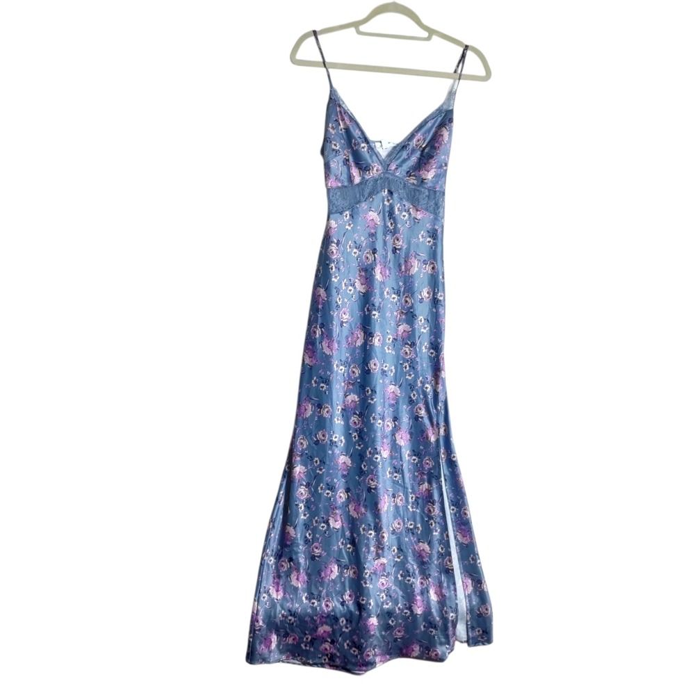 Stitch & Pine Blue Floral Satin Lace Maxi Dress Slit Womens Size Medium